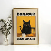 Affiche Vintage “Chat Noir au Petit Déjeuner” – Tons Chauds