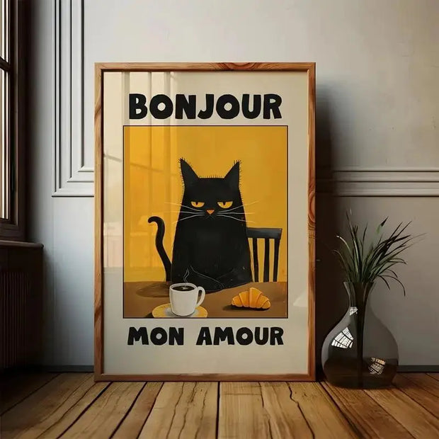 Affiche Vintage “Chat Noir au Petit Déjeuner” – Tons Chauds