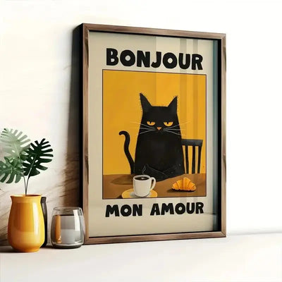 Affiche Vintage “Chat Noir au Petit Déjeuner” – Tons Chauds